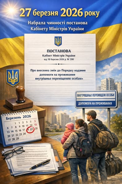 27 березня 2026 року набрала чинності постанова Кабінету Міністрів України від 18 березня 2026 року № 390 "Про внесення змін до Порядку надання допомоги на проживання внутрішньо переміщеним особам".