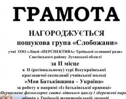 За результатами підведення підсумків ІІ регіонального етапу Всеукраїнської експедиції «Моя Батьківщина – Україна» відзначено роботу учнів 7-8 класів ОЗО «Ліцей «ПЕРСПЕКТИВА» Троїцької селищної ради» Сватівського району Луганської області