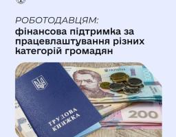 Державна служба зайнятості пропонує роботодавцям компенсаційні програми, які допомагають зменшити витрати на оплату праці та створення робочих місць. Підтримка надається за працевлаштування людей з інвалідністю, учасників бойових дій, внутрішньо переміщених осіб, молоді та інших категорій громадян із числа безробітних