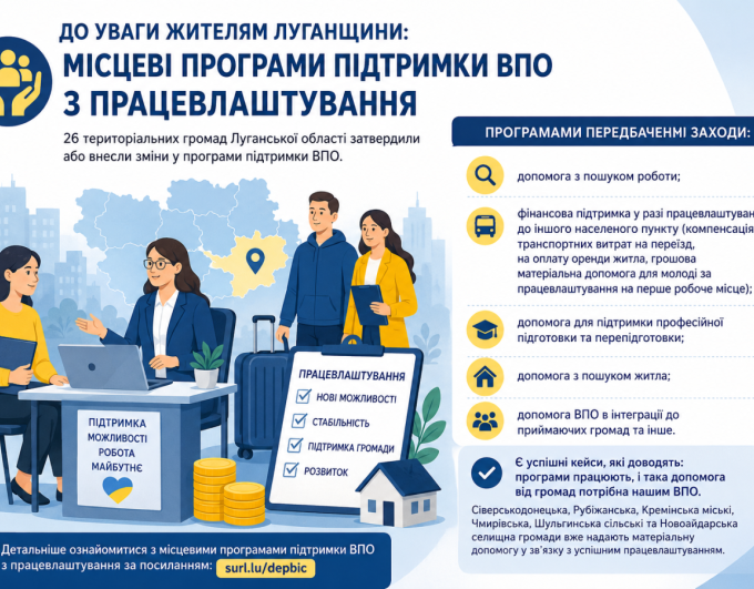 До уваги жителям Луганщини: місцеві програми підтримки ВПО зпрацевлаштування