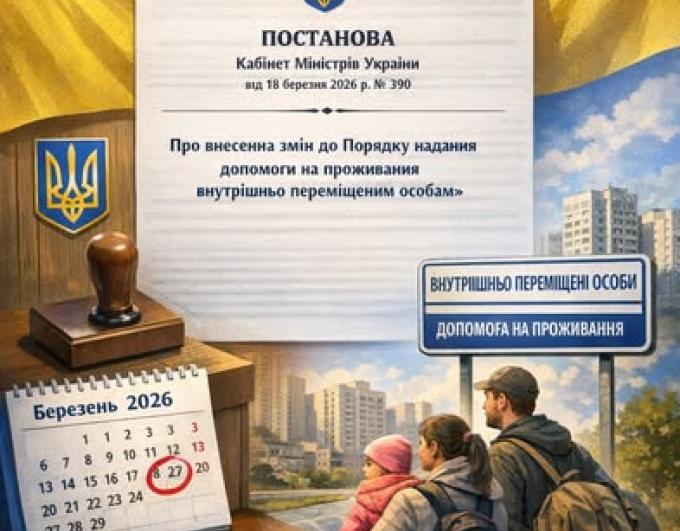 27 березня 2026 року набрала чинності постанова Кабінету Міністрів України від 18 березня 2026 року № 390 "Про внесення змін до Порядку надання допомоги на проживання внутрішньо переміщеним особам".