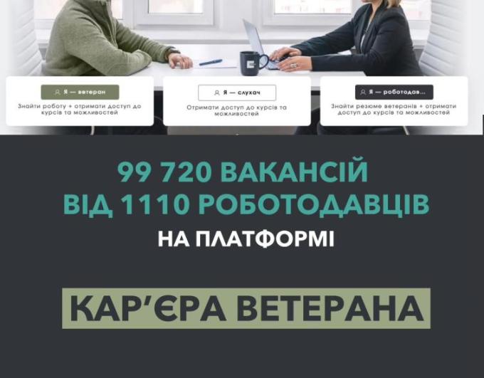Шукаєте роботу після служби? На платформі «Кар’єра ветерана» вже доступно 99 720 актуальних вакансій для ветеранів і ветеранок.